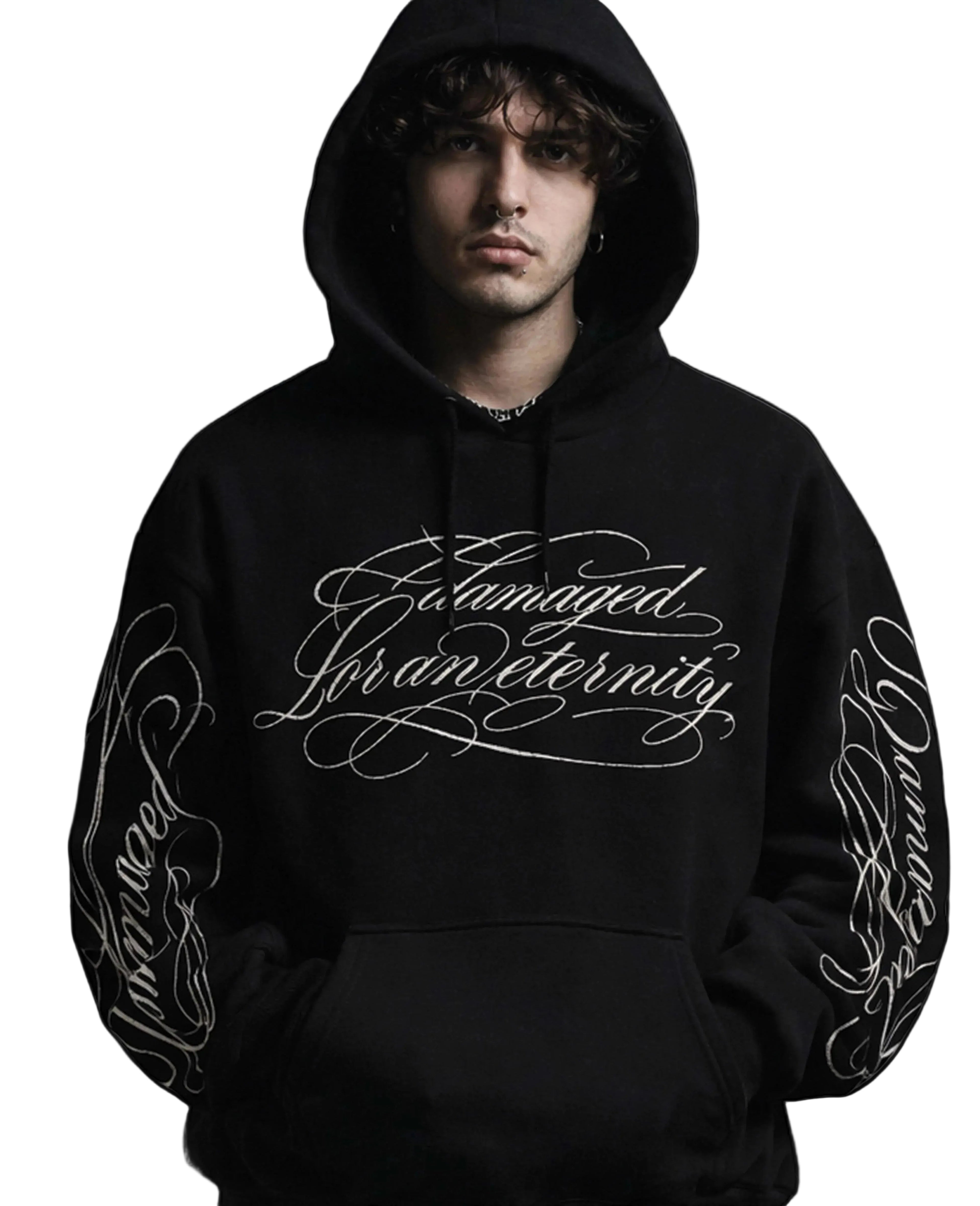 Person wearing a black hoodie with decorative text design on a black background